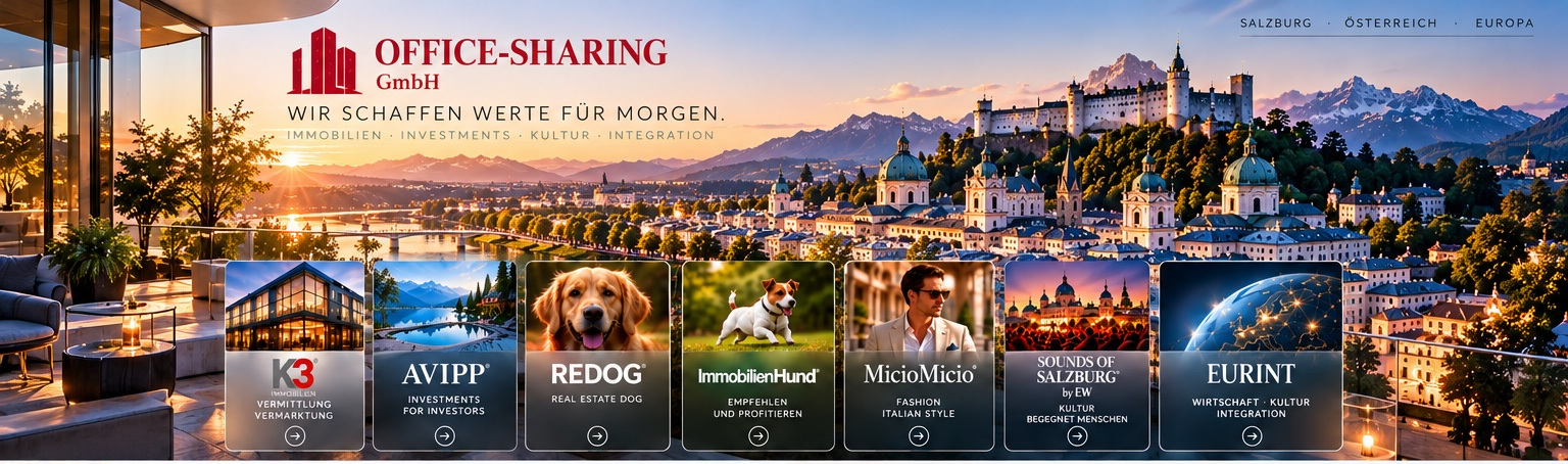 OFFICE-SHARING GmbH über einem Salzburg-Panorama mit sieben Marken: K3 Immobilien, AVIPP, REDOG, ImmobilienHund, MicioMicio, Sounds of Salzburg und EURINT
